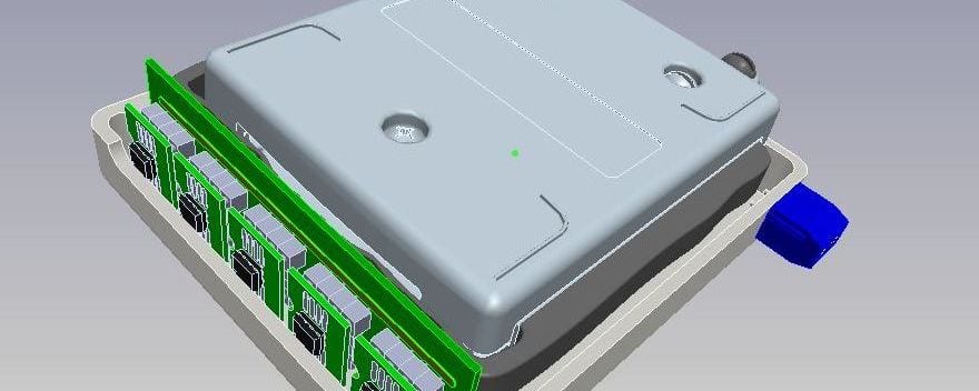 CAD render of the magnetoresistive positioning device — housing, sensor board and connector.