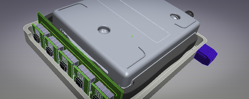 CAD render of the magnetoresistive positioning device — housing, sensor board and connector.